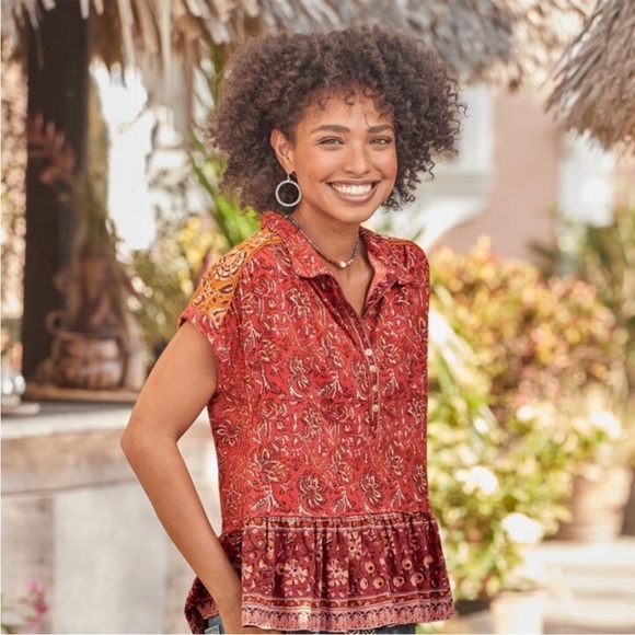 Sundance Lorena Mixed Peplum Popover Paisley Button Top - Picture 2 of 13